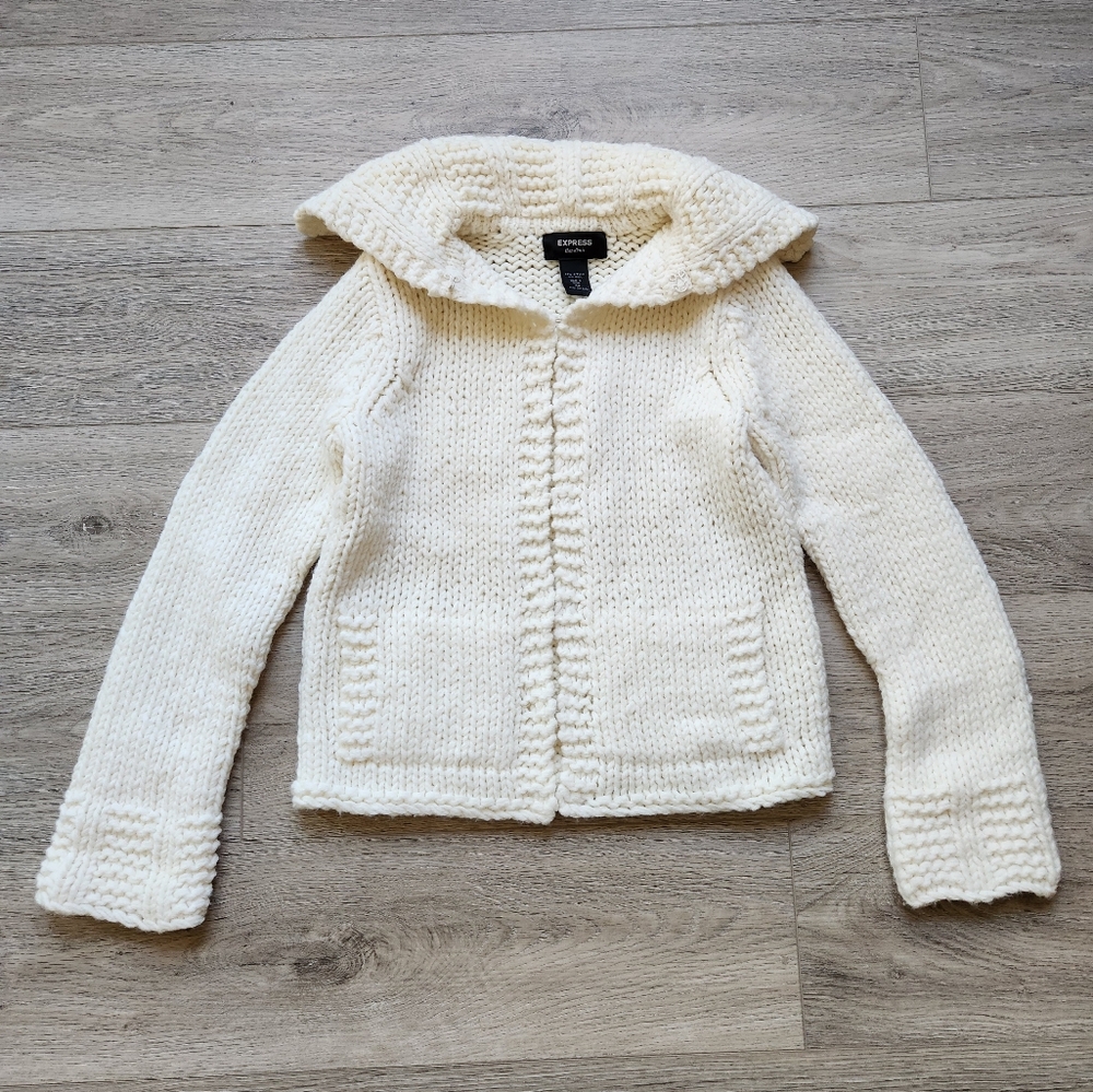 Express Hand Knit Ivory White Sweater Womens Xs Long Sleeve Chunky Wool